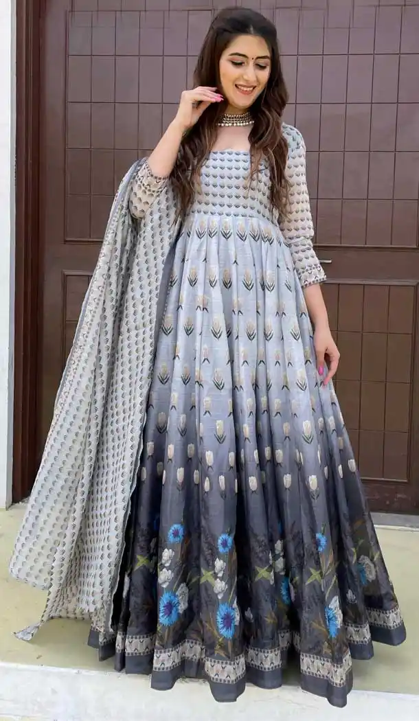 Gray Color Chanderi Designer Festive Wear Readymade Aanarkali Suit -1075127202