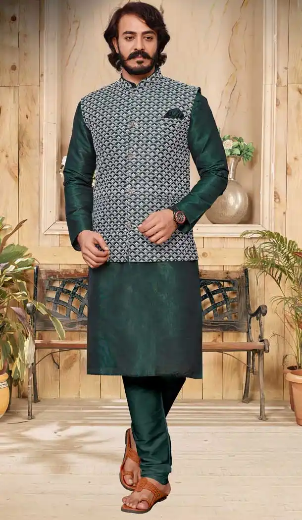 Dark Green Color Heavy Art Silk Readymade Mens Kurta With Jacket -1087127323