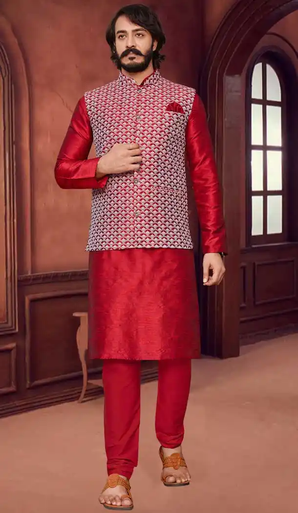Red Color Heavy Art Silk Readymade Mens Kurta With Jacket -1087127328