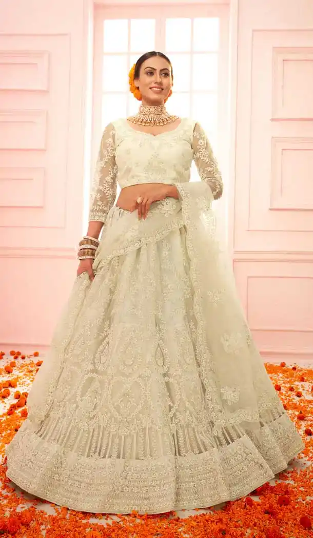 Off White Color Net Heavy Designer Bridal Wear Lehenga Choli -1088127329