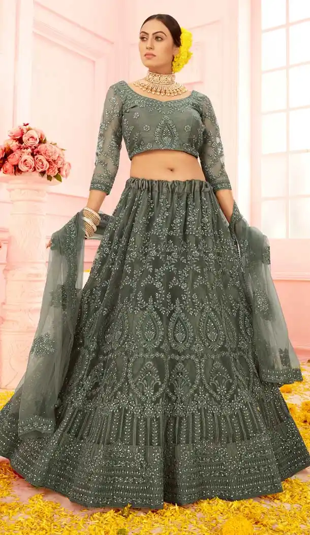 Khakhi Green Color Net Heavy Designer Bridal Wear Lehenga Choli -1088127331