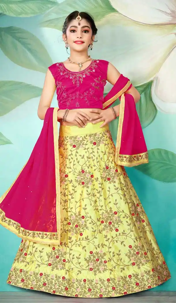 Yellow Color Japan Silk Designer Wear Kids Girls Lehenga Choli -1114127573