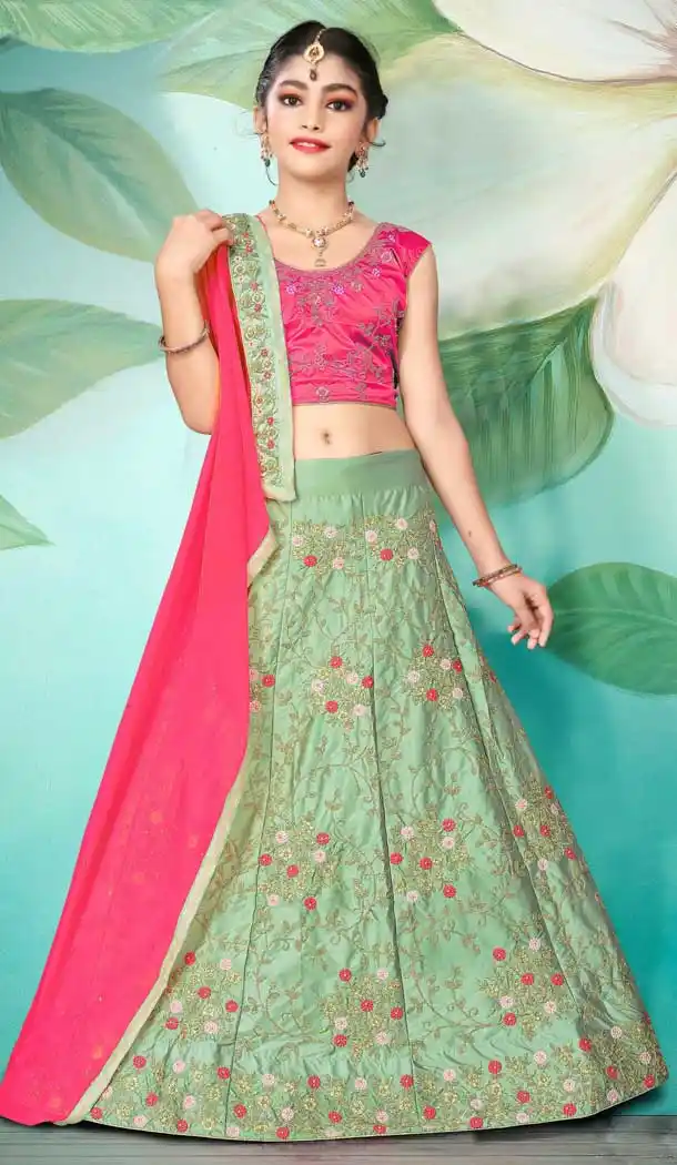 Pista Green Color Japan Silk Designer Wear Kids Girls Lehenga Choli -1114127575