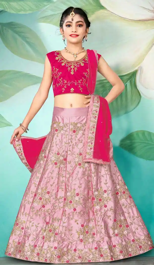 Light Pink Color Japan Silk Designer Wear Kids Girls Lehenga Choli -1114127576