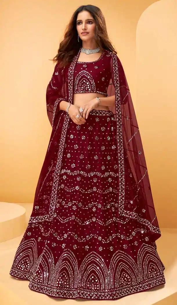 Maroon Color Net Designer Bridal Wedding Wear Lehenga Choli -1128127665