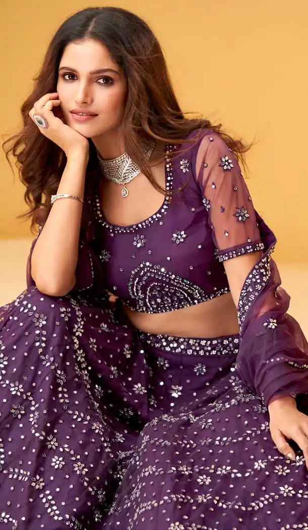 Brinjal Color Net Designer Bridal Wedding Wear Lehenga Choli -1128127666