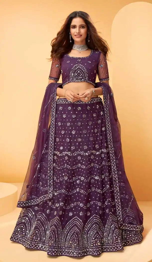 Brinjal Color Net Designer Bridal Wedding Wear Lehenga Choli -1128127666