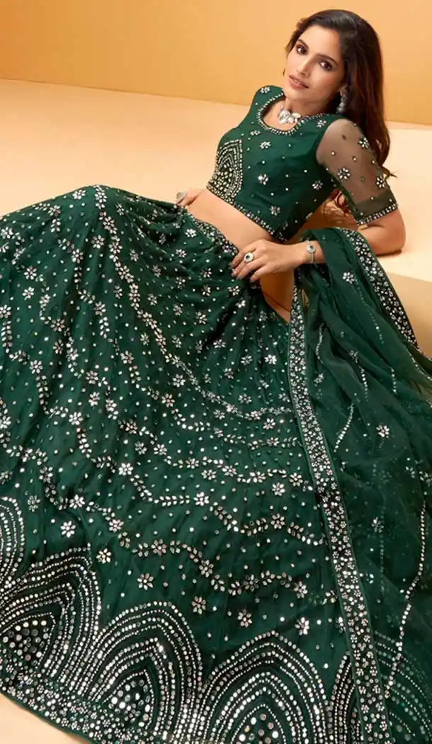 Green Color Net Designer Bridal Wedding Wear Lehenga Choli -1128127667