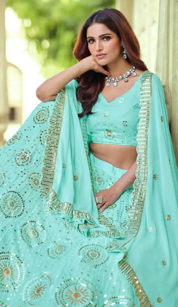 Sky Blue Color Georgette Designer Mehendi Wedding Wear Lehenga Choli -1129127672