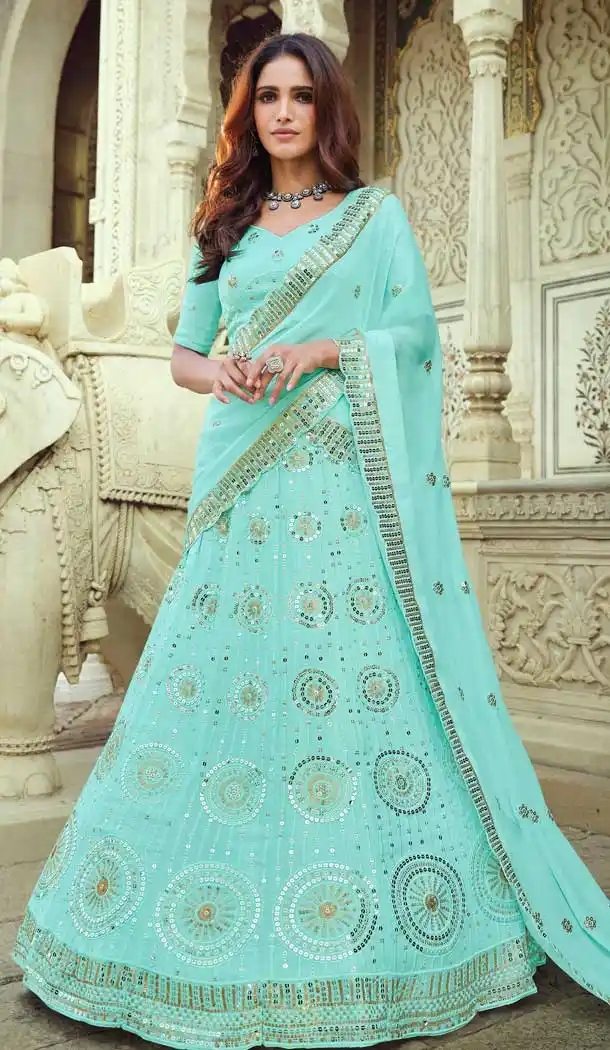 Sky Blue Color Georgette Designer Mehendi Wedding Wear Lehenga Choli -1129127672