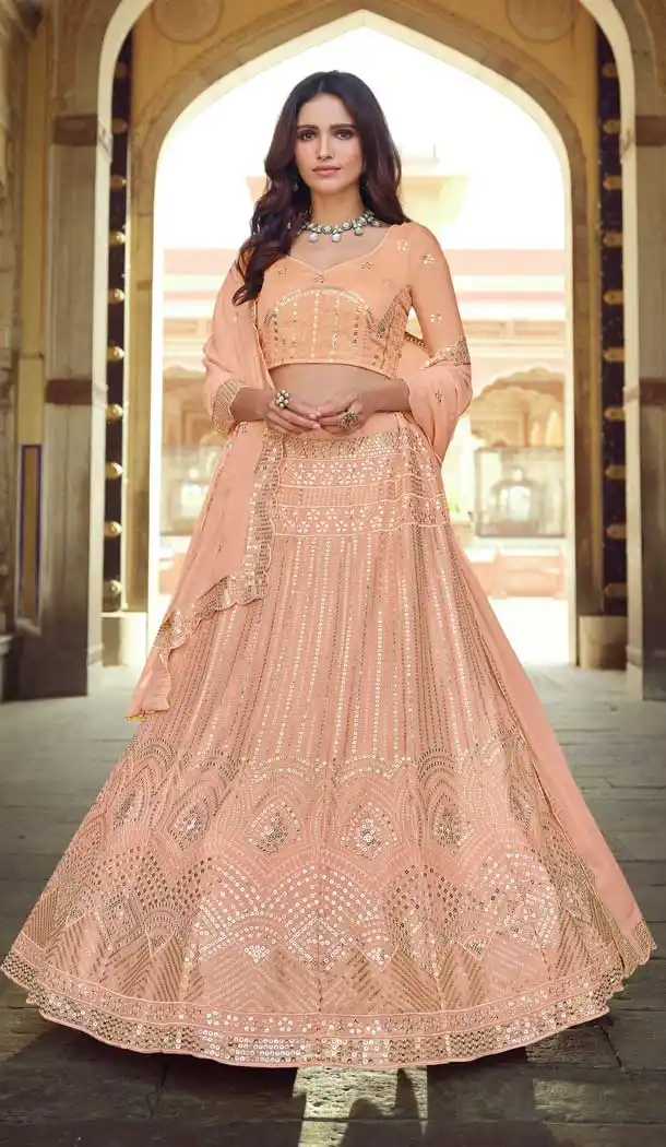 Peach Color Georgette Designer Mehendi Wedding Wear Lehenga Choli -1129127673
