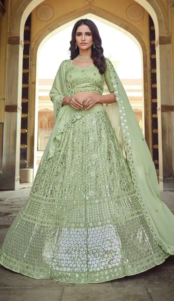 Sea Green Color Georgette Designer Mehendi Wedding Wear Lehenga Choli -1129127674