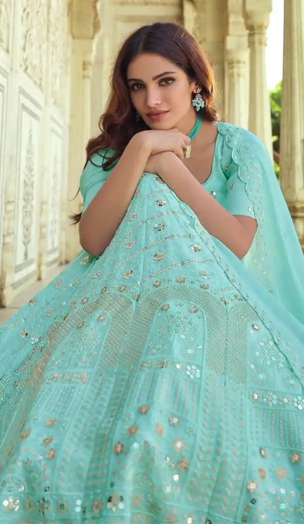 Sky Blue Color Georgette Designer Mehendi Wedding Wear Lehenga Choli -1129127676