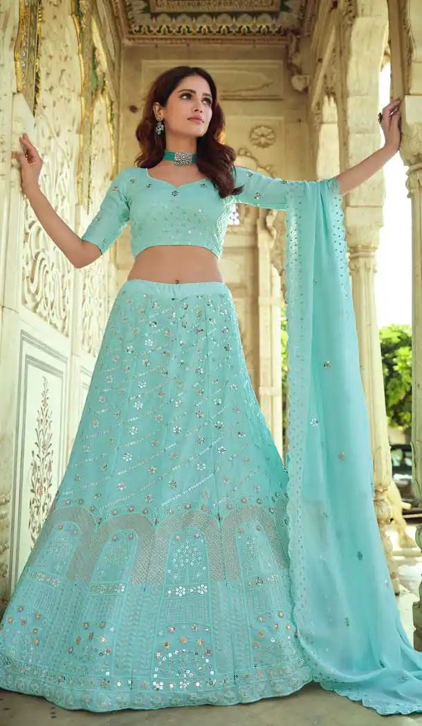 Sky Blue Color Georgette Designer Mehendi Wedding Wear Lehenga Choli -1129127676