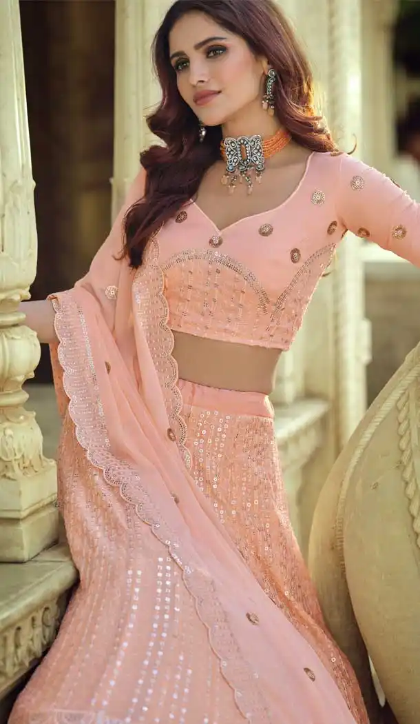 Peach Color Georgette Designer Mehendi Wedding Wear Lehenga Choli -1129127677