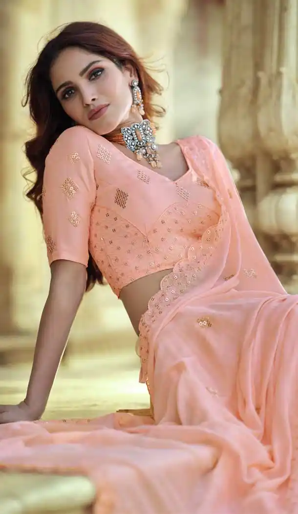 Magnificient Peach Color Georgette Designer Mehendi Wedding Wear Lehenga Choli -1129127678