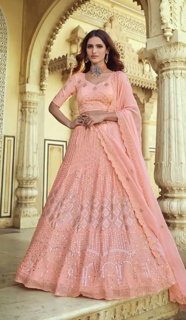 Magnificient Peach Color Georgette Designer Mehendi Wedding Wear Lehenga Choli -1129127678