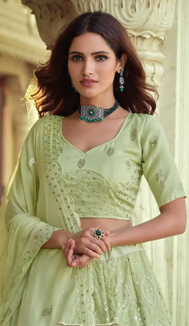 Light Green Color Georgette Designer Mehendi Wedding Wear Lehenga Choli -1129127679
