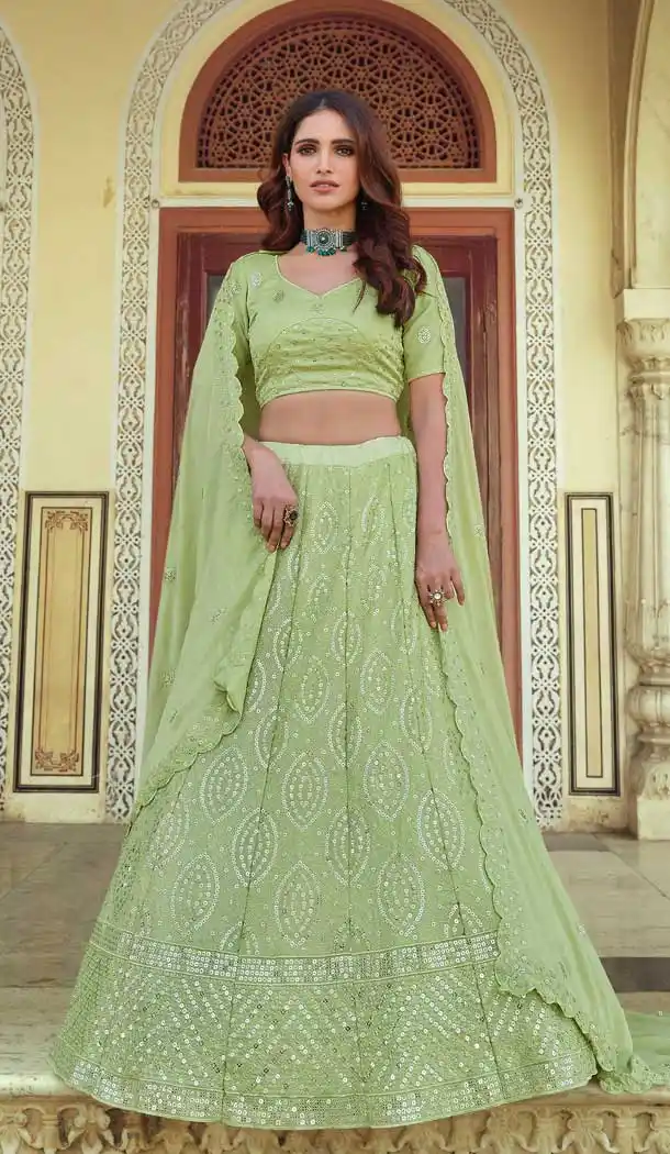 Light Green Color Georgette Designer Mehendi Wedding Wear Lehenga Choli -1129127679