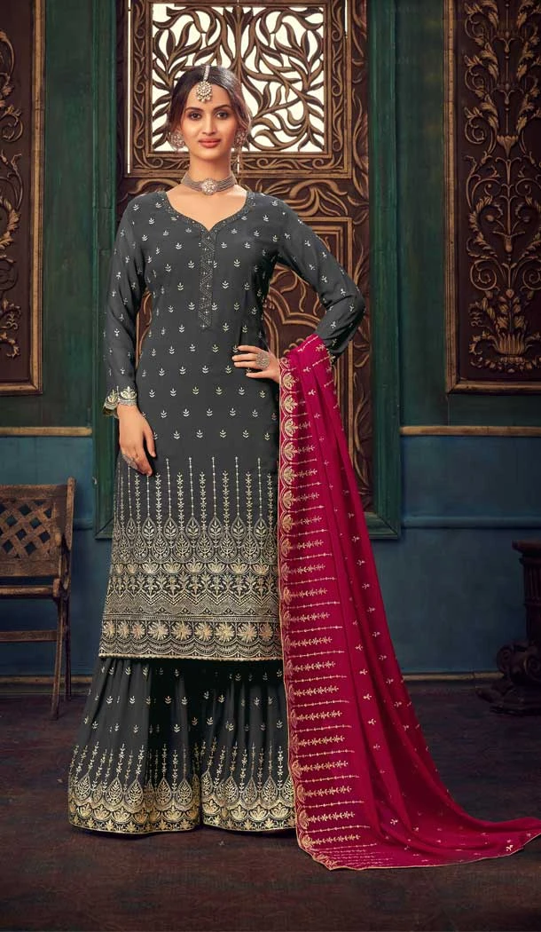 Grey Color Pure Georgette Designer Festive Wear Sharara Suit -1130127680