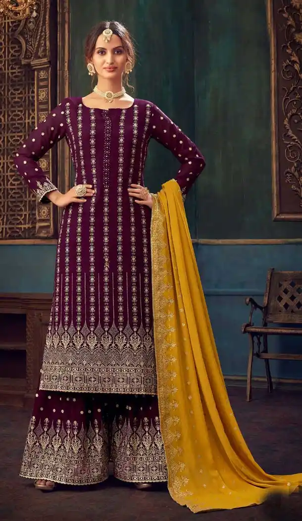 Wine Color Pure Georgette Designer Festive Wear Sharara Suit -1130127681