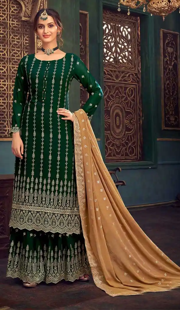 Green Color Pure Georgette Designer Festive Wear Sharara Suit -1130127682
