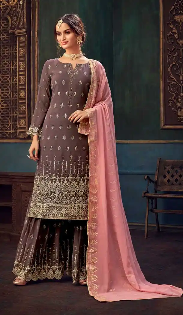 Light Brown Color Pure Georgette Designer Festive Wear Sharara Suit -1130127683