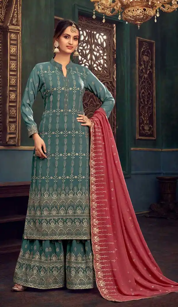 Steel Blue Color Pure Georgette Designer Festive Wear Sharara Suit -1130127684