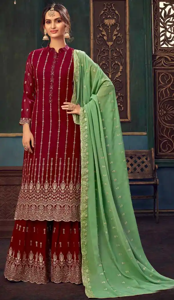 Maroon Color Pure Georgette Designer Festive Wear Sharara Suit -1130127685