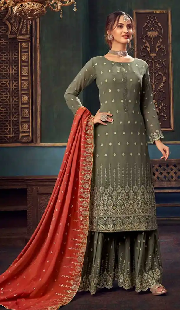 Khakhi Color Pure Georgette Designer Festive Wear Sharara Suit -1130127686
