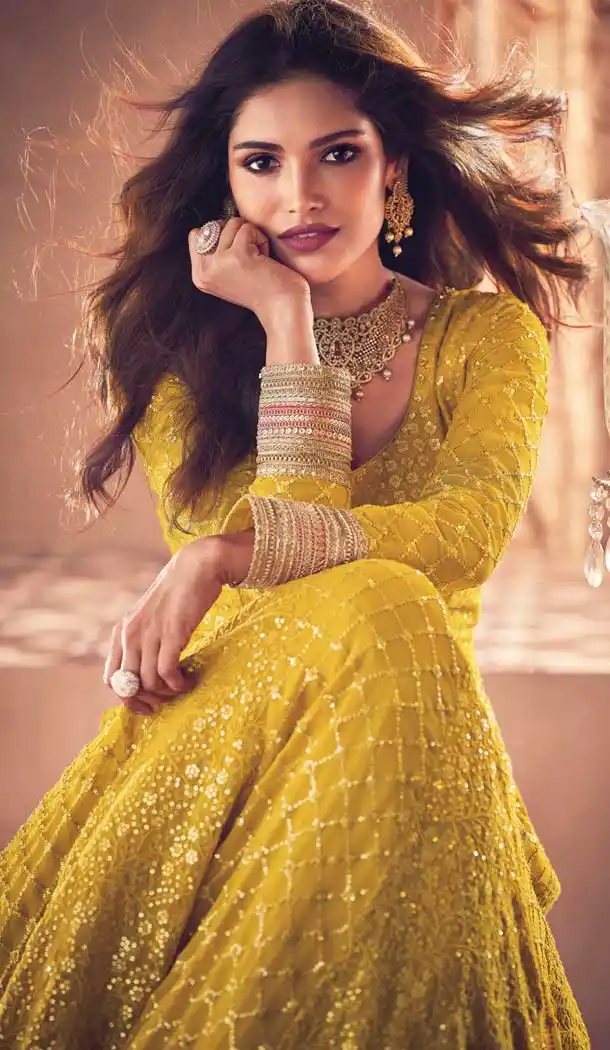 Yellow Color Real Georgette Designer Bridal Wear Anarkali Salwar Suit -1131127687