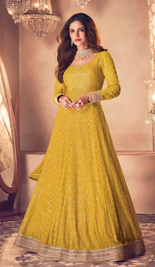 Yellow Color Real Georgette Designer Bridal Wear Anarkali Salwar Suit -1131127687