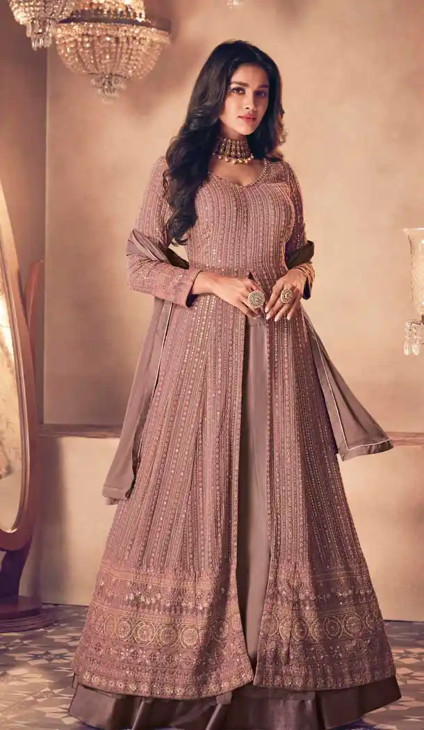 Light Brown Color Real Georgette Designer Bridal Wear Anarkali Salwar Suit -1131127688
