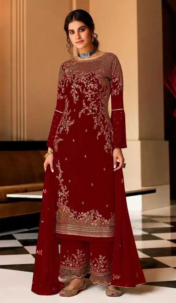 Red Color Georgette Designer Embroidered Pakistani Palazzo Suit -1132127691