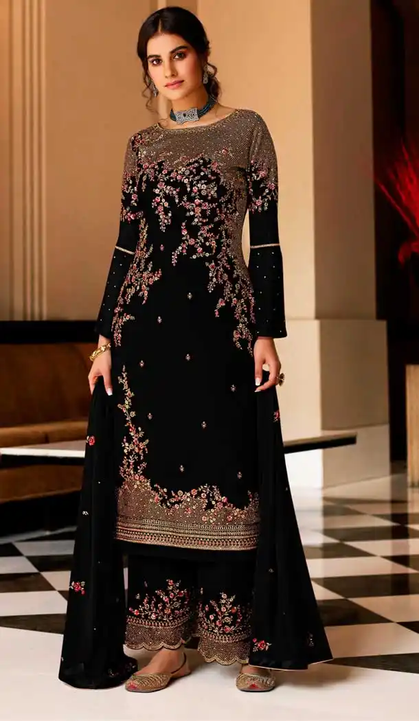 Black Color Georgette Designer Embroidered Pakistani Palazzo Suit -1132127694