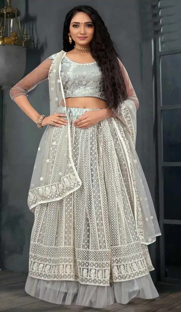 Light Gray Color Net Lucknowi Work Designer Lehenga Choli -1133127697