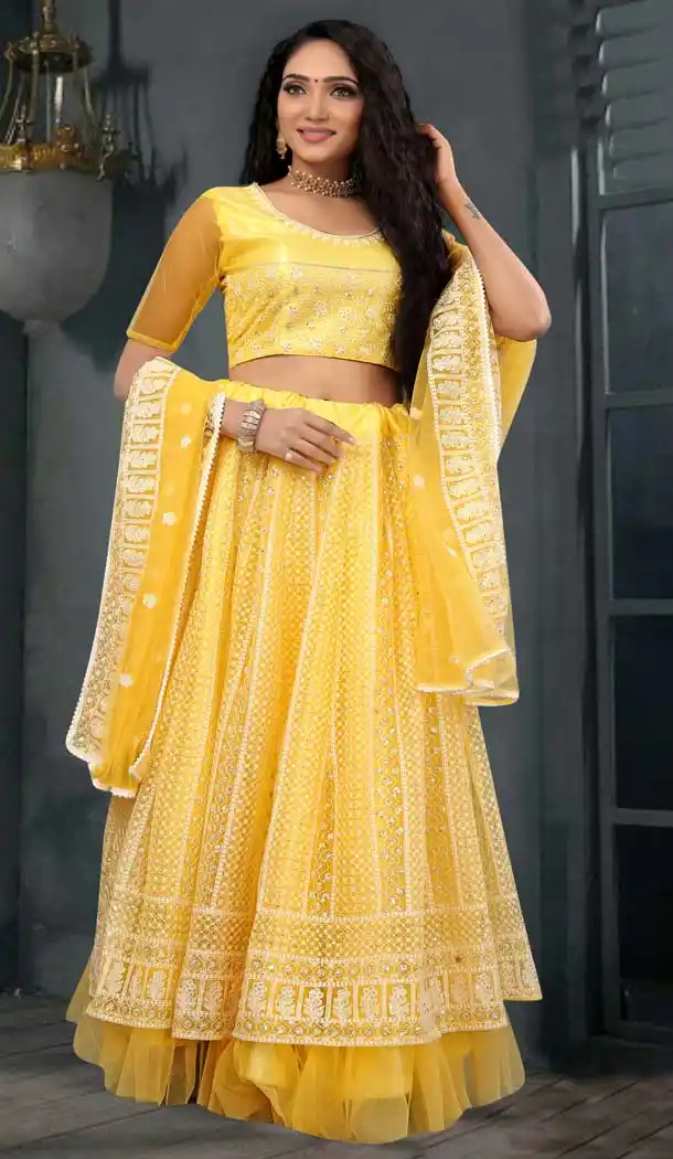 Yellow Color Net Lucknowi Work Designer Lehenga Choli -1133127698