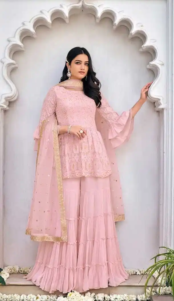 Baby Pink Color Viscose Georgette Heavy Designer Pakistani Sharara Suit -1137127724