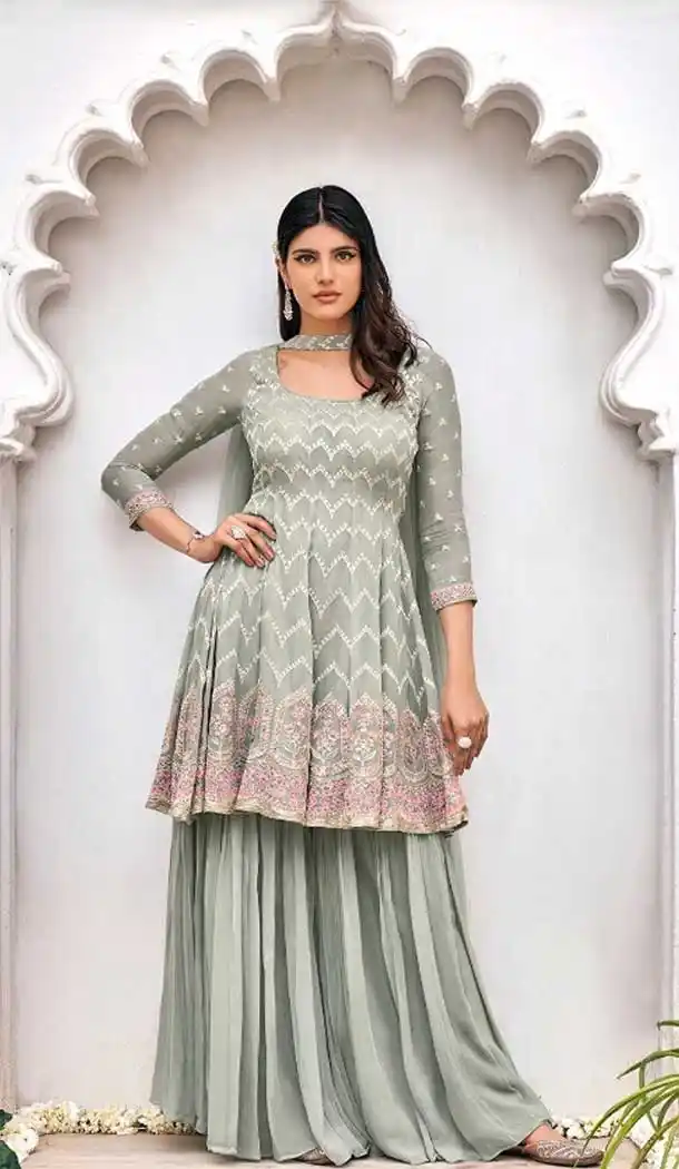 Grey Color Viscose Georgette Heavy Designer Pakistani Sharara Suit -1137127725