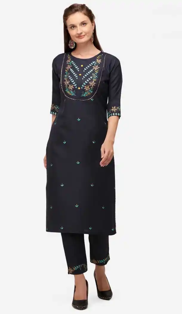 Navy Blue Color Cotton Designer Party Wear Readymade Kurti -1138127727