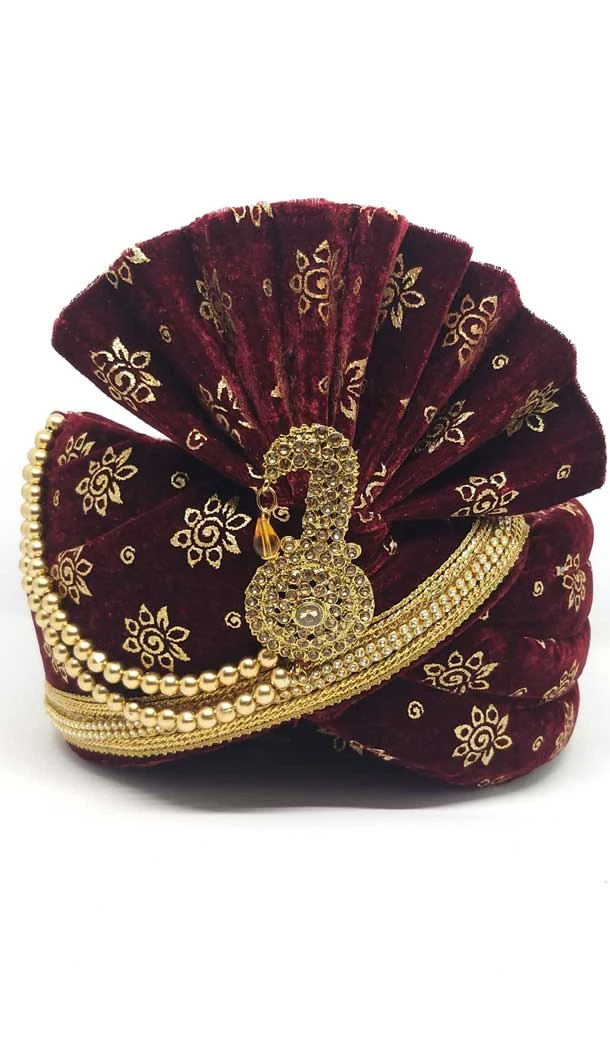 Maroon Color Velvet Mens Readymade Wedding Groom Turban -1140127741