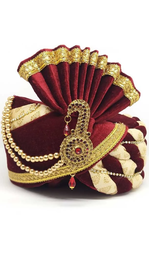 Cream & Maroon Color Velvet Mens Readymade Wedding Groom Turban -1140127743
