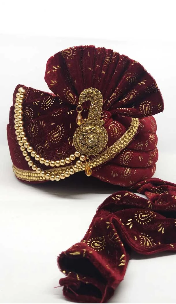 Styled Maroon Color Velvet Mens Readymade Wedding Groom Turban -1140127744