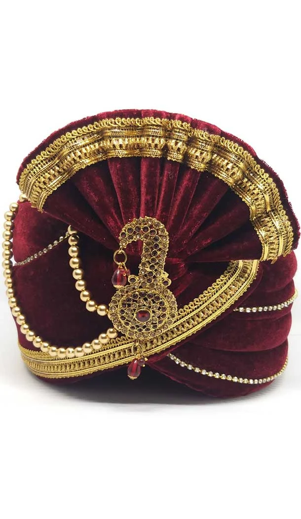 Attractive Maroon Color Velvet Mens Readymade Wedding Groom Turban -1140127745