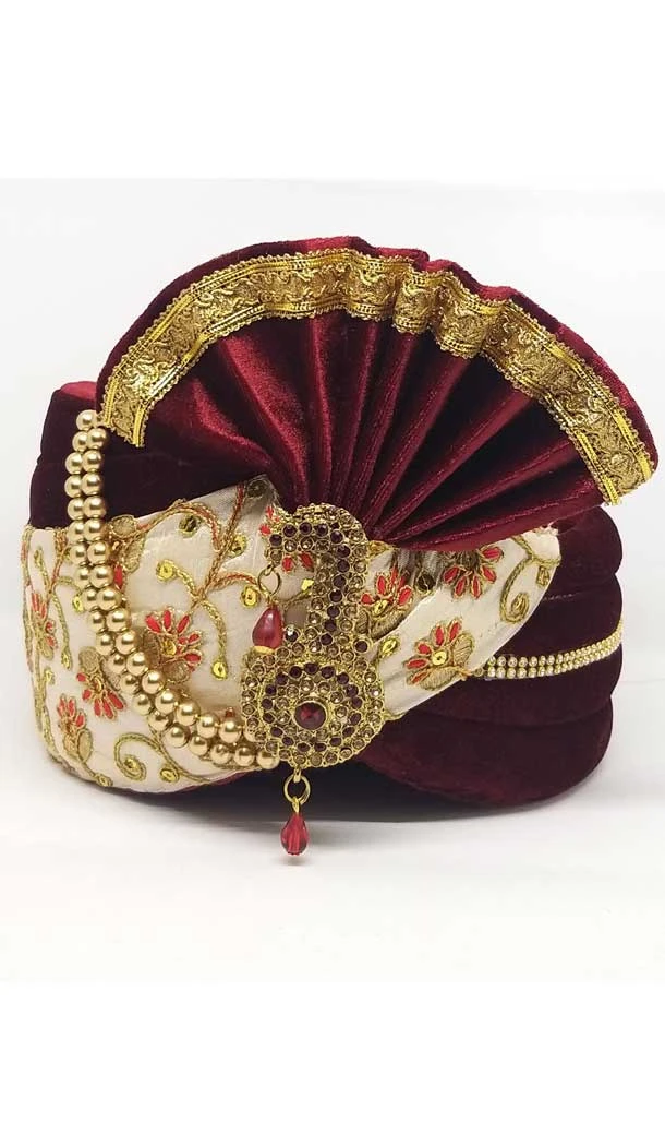 Maroon & Cream Color Velvet Mens Readymade Wedding Groom Turban -1140127746