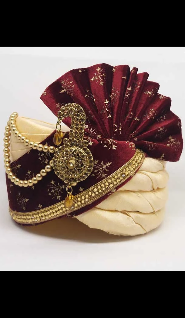 Cream Color Velvet Mens Readymade Wedding Groom Turban -1140127747