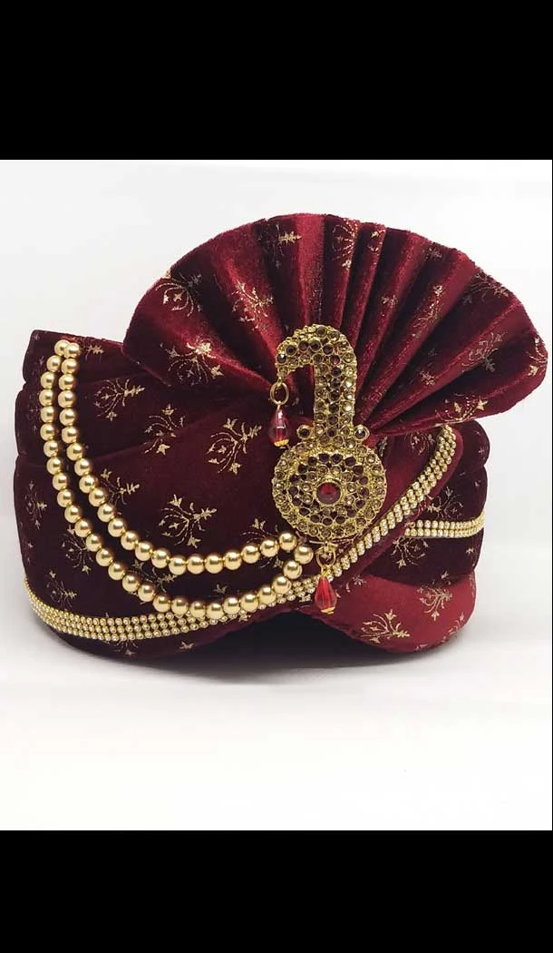 Maroon Color Velvet Mens Readymade Wedding Groom Turban -1140127748