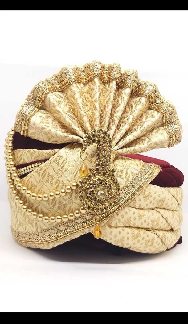 Cream & Maroon Color Velvet Mens Wedding Groom Turban -1140127749