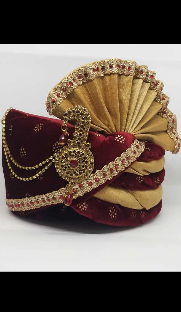 Gold & Maroon Color Velvet Mens Readymade Wedding Groom Turban -1140127750