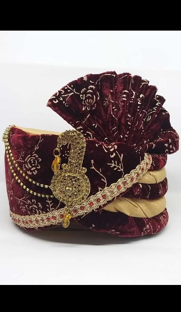 Maroon & Cream Color Velvet Mens Readymade Wedding Groom Turban -1140127751